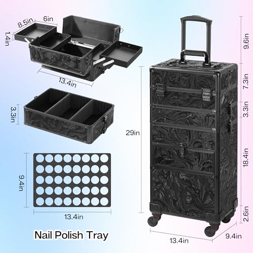 Somduy Rolling Makeup Case with Drawer, Makeup Train Case, 4 in 1Cosmetology Case on Wheels, Christmas Gift, Large Makeup Organizers, Profesional Cosmetic Case for Salon Barber, Pattern Black - color: Pattern Black