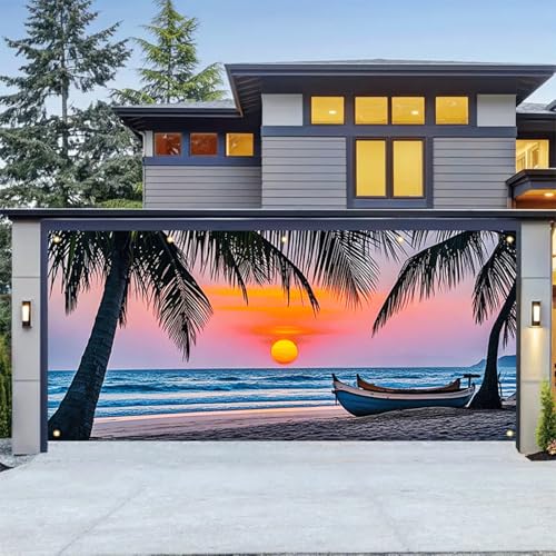 HOMETITUTE Beach Sunset Garage Door Banner 13x6ft Summer Tropical Palm Tree Ocean Backdrop for Summer Outdoor Decor Vacation Luau Party Poolside Yard Display Photo Prop Background