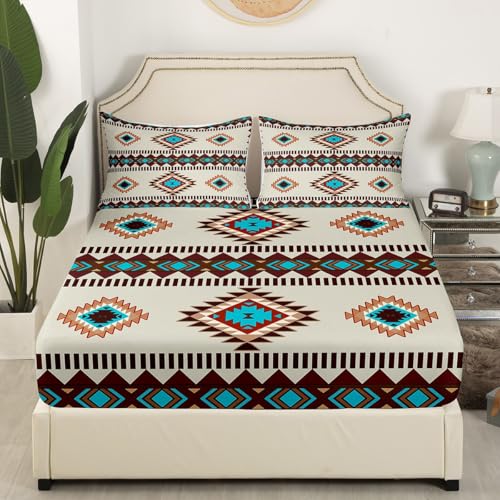 Feelyou Wild West Sheet Set Full Size Kids Western Ethnic Tribal Bed Sheets Set for Boys Girls Teens Boho Exotic Sheets with Deep Pocket Fitted Sheet Bohemian Bedding Set Blue Bed Set - color: Blue Brown Beige, size: Full