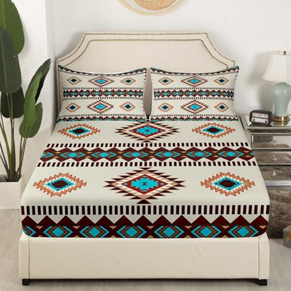 Feelyou Wild West Sheet Set Queen Size Kids Western Ethnic Tribal Bed Sheets Set for Boys Girls Teens Boho Exotic Sheets with Deep Pocket Fitted Sheet Bohemian Bedding Set Blue Bed Set - color: Blue Brown Beige, size: Queen