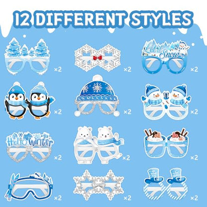 KALEFO 24Pcs Hello Winter Paper Glasses Party Decorations Winter Wonderland Snowflake Photo Booth Props Kit Blue Wedding Holiday Birthday Skiing New Year Party Supplies - color: Winter Glasses