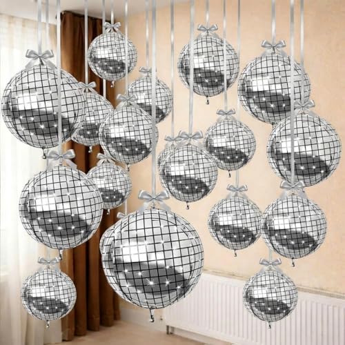 HILAVO 16PCS Disco Ball Balloons, 32in 22in 10in Large 4D Metallic Silver Disco Balloons Foil Balloon for 70s 80s 90s Discos Party Birthday New Year Graduation Party Decorations - color: Disco Balls