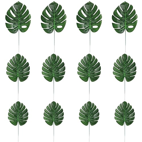 CCINEE 24PCS Green Artificial Palm Leaves, Faux Monstera Leaves Simulation Safari Leaves with Stems for Home Hawaiian Luau Party Jungle Beach Theme Party Decoration - color: 24pcs Green 3 Sizes