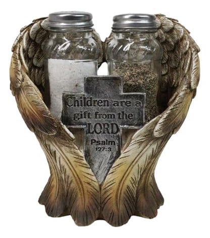 Ebros Gift Decorative Holy Cross Children Are A Gift From The Lord Psalms 127:3 Angel Wings Salt And Pepper Shakers Holder Set in Spiritual Religious Christian Decor Sculpture Kitchen Dining Accent