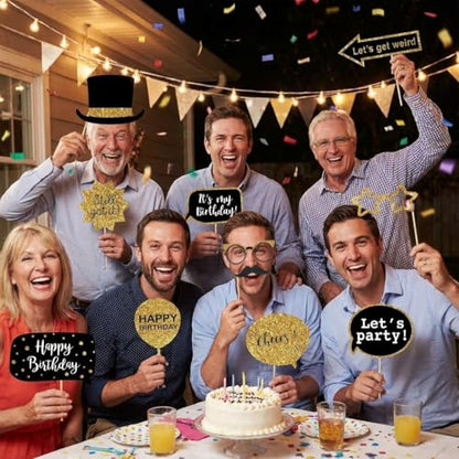30 Pcs Gold and Black Birthday Photo Booth Props Kit, Happy Birthday Decorations, Funny Selfie Photo Props for 40th 50th 60th Birthday Graduation Wedding Party Supplies - style: Party Birthday Props-Gold