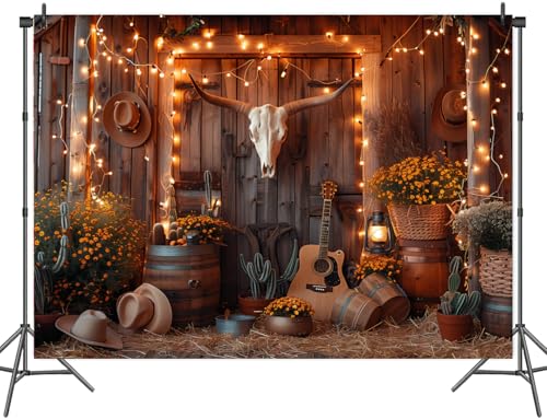 Western Boho Backdrop for Photography Southwest Country Ranch Photo Backdrop Retro Rustic Barn Door with Bull Skull Cactus Cowboy Guitar Texas Hippie Photo Background Booth Video Studio Props 6X4FT - color: Bull Skull, size: 6X4FT