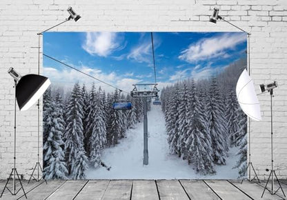 BELECO 10x8ft Fabric Winter Ski Resort Backdrop Snowy Mountain Cableway Station Fir Trees Background Winter Theme Kids Birthday Party Decor Photo Studio Props - size: 10x8FT