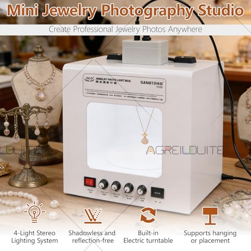 Pro Jewelry Photography Box Kit - Mini Photo Studio with 4 Dimmable Lights, Adjustable Speed Turntable & 360° Rotating Rack for Stunning Jewelry Photos & Accessories TB30