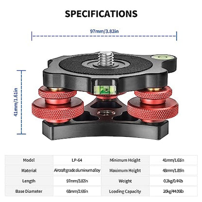 CAVIX Camera Leveler Tripod Leveling Base Tri-Wheel Head for Macro Photography Aluminum w Bubble Level 3 Axis Level with +/-5 Degree Precision Adjustment for DSLR Camera Rotator Panoramic Head LP-64