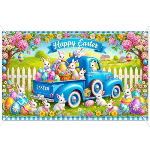 BlissYard Easter Bunny Truck Banner Spring Farm Scene 71x43 Inch Cute Holiday Backdrop with Rabbits Eggs Flowers Happy Easter Design for Yard Porch Party Kids Celebration Display - color: Blue