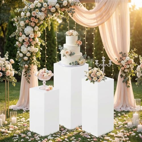 HAISIWLKJ 3PCS Cylinder Pedestal Stands for Parties, White Metal Round Cylinder Plinths Dessert Table Display Pillars for Birthday Wedding Bridal Baby Shower Party Decorations(Small)
