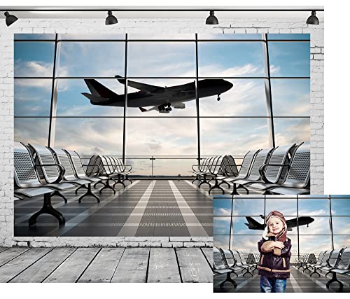 12x10ft Fabric Airport Backdrop Lounge with Plane Pilot Jet Birthday Party Video Recording Zoom Meeting Conference Baby Shower Photoshoot Business Studio Decoration Photography Props - size: 12x10FT