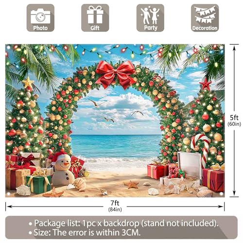 7x5ft Fabric Christmas Beach Backdrop Summer Xmas Tree Snowman Arch Seagull Tropical Hawaiian Photography Background Family Holiday Party Decor Photo Props - size: 7'x5'