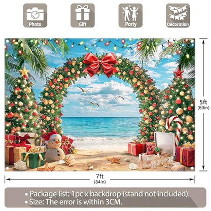 7x5ft Fabric Christmas Beach Backdrop Summer Xmas Tree Snowman Arch Seagull Tropical Hawaiian Photography Background Family Holiday Party Decor Photo Props - size: 7'x5'