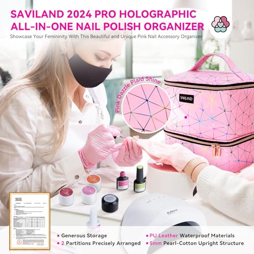SAVILAND Nail Polish Organizer Bag: PU Leather Nail Polish Storage Organizer Holds 30 Bottles & Nail Lamp, Nail Polish Holder Travel Carrying Case Box Nail Tech Organizer Storage Bag for Nail Supplies - color: A-Pink
