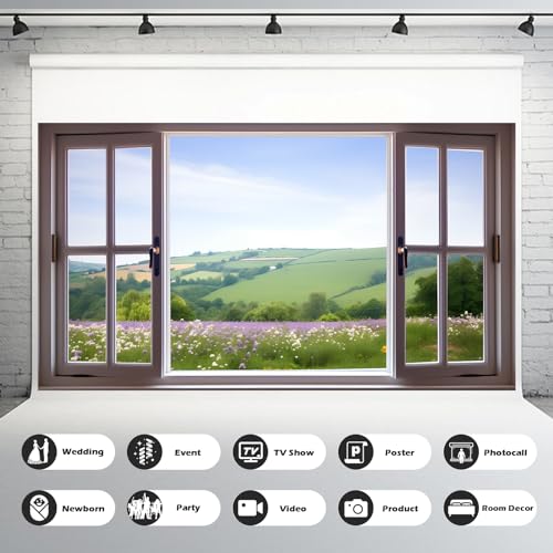 Window Scenery Photography Backdrop Open Window with View of Meadows and Fields Background Plants Flowers Background Party Banner Wall Decor Baby Kids Family Photo Shoot Props 5x3ft - color: Green_purple, size: 5x3ft