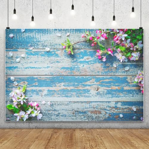 AOFOTO 12x10ft Rustic Blue Wood Planks Photography Backdrop Spring Floral Theme Flower Petal Branches Wooden Board Background Flat Lay Vintage Peeling Off Grunge Hardwood Infant Baby Portrait Props - size: 12x10ft