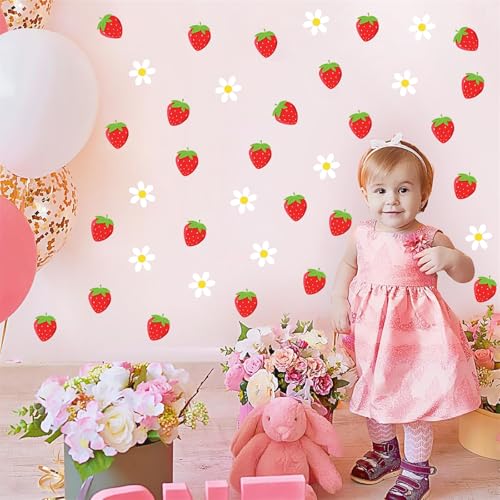 48pcs Strawberry Stickers for Balloon Arch Strawberries Theme Party Signs for Backdrop Kitchen Fruit Wall Stickers Daisy Flowers Berry First Crafts Decals for Baby Shower Girls Birthday Party Supplies - color: Red & White