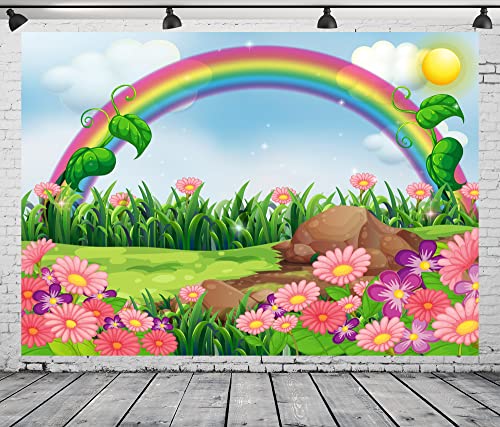 BELECO 9x6ft Fabric Rainbow and Sun Backdrop Enchanting Garden with Rainbow Cartoon Spring Photography Backdrop for Party Decoration Birthday Kids Boy Baby Shower Photoshoot Photo Background Props - size: 9x6FT
