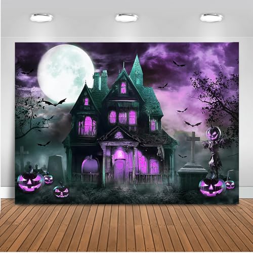Mocsicka Halloween Backdrop Haunted House Castle Night Pumpkin Terror Costume Party Halloween Kids Birthday Background for Photography Photo Studio Props (Purple, 10x8ft) - color: Purple, size: 10x8ft