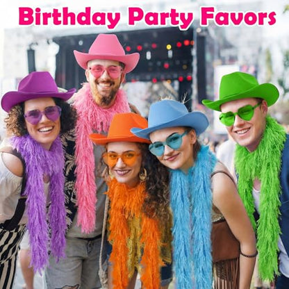18 Pcs/6 Set Feather Boas Party Pack Include Fluffy Artificial Feather Boas Heart Sunglasses and Cowgirl Hats Bachelorette Accessories Neon Photo Props for Birthday Wedding Costume Parties