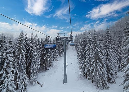 BELECO 5x3ft Fabric Winter Ski Resort Backdrop Snowy Mountain Cableway Station Fir Trees Background Winter Theme Kids Birthday Party Decor Photo Studio Props - size: 5x3FT