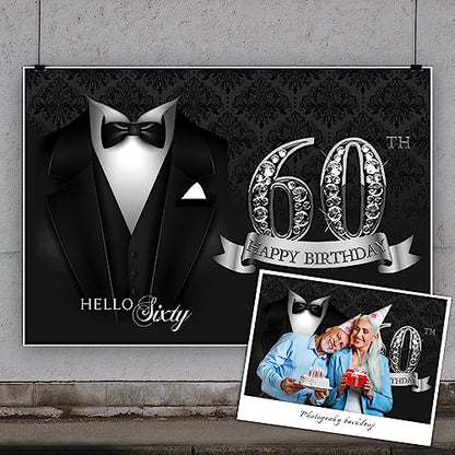 5x3ft Men 60th Birthday Backdrop Black Necktie Suit Tuxedo Hello Sixty Photography Background Luxury Silver Diamonds Men Father 60th Happy Birthday Party Supplies Portrait Photo Shoot Props - color: black silver 60, size: 5x3ft