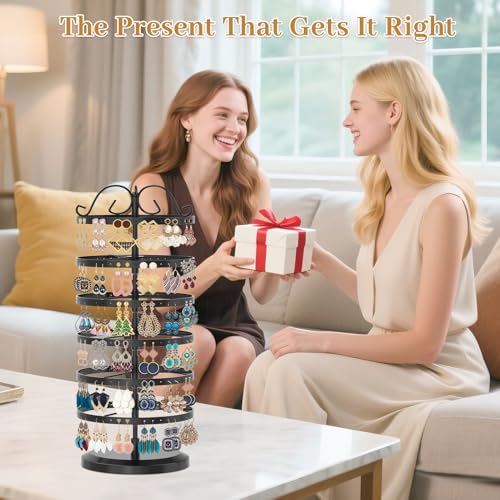 MODOWEY Rotating Earring Holder Organizer Stand, 6 Tier Large Capacity Jewelry Display Tree for Women Vendors, 264 Holes Adjustable Metal Rack for Stud Hoop Dangle Storage, Spin for Easy Access, Black - color: Onyx Black, size: 6-Tier