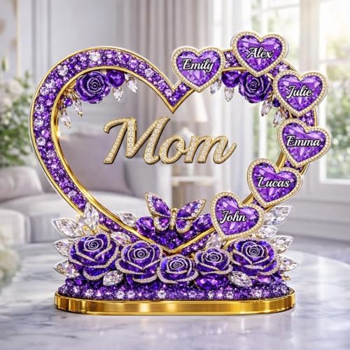 LOVELYPOD Custom Mom Heart With Crystal Roses 2D Acrylic Plaque, Personalized Grandma Plaque with Grandkid Names, Mama Gift from Son Daughter, Birthday Mother's Day Mom Gift, Family Home Decor - color: Design #4