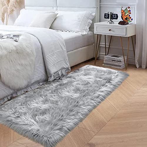 Goolela Grey Fluffy Fuzzy Furry Rug 2x6 for Bedroom Bedside Runner Faux Sheepskin Fur Shaggy Soft Plush Rectangle - color: Grey, size: 2' x 6' (Rectangular)