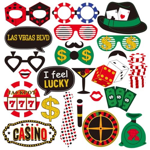 Casino Photo Booth Props, Tumwisk 24PCS Casino Theme Party Decorations, Vegas Themed Selfie Props with Stick for Texas Hold'em 777 Party, Funny Game Night Photography Props - color: Casino