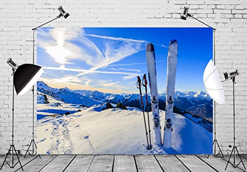 7x5ft Fabric Snowy Mountain Photography Backdrop Winter Snowboard Decorations Ski Party Supplies Baby Shower Background Christmas Party Backdrop Wedding Anniversary Photo Studio Booth Props - size: 7x5ft
