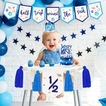 1/2 Birthday Half Trip Around the Sun Half Birthday Decorations - Banner Glitter Cake Topper Tassel Wood Bead High Chair Banner & Crown, Hat Halfway to One Baby Boy Girl Party Supplies - color: Planet Blue