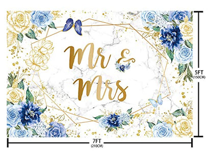 AIBIIN 7x5ft Mr and Mrs Floral Marble Backdrop for Bridal Shower Blue Flowers Butterfly Photography Background Gold Geometric Couple Wedding Party Decorations Bride to Be Engagement Banner Props