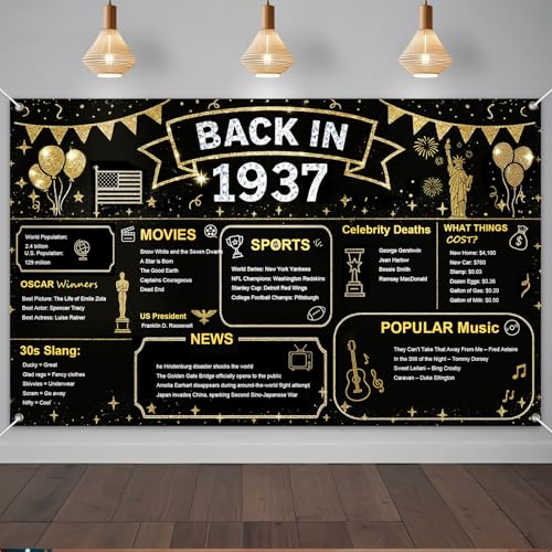 IVN Back in 1937 Backdrop Banner 71x43 Inch Black and Gold Birthday Party Decorations Photography Background Photo Booth Props for Men Women - color: Back in 1937