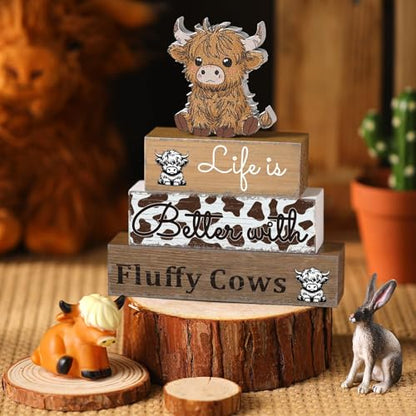 Geelin 4 Pcs Highland Cow Table Decorations Cow Wooden Signs Rustic Tiered Tray Decor Western Tabletop Centerpieces Farmhouse Highland Decor for Home Desk Room Kitchen Shelf - style: Cattle