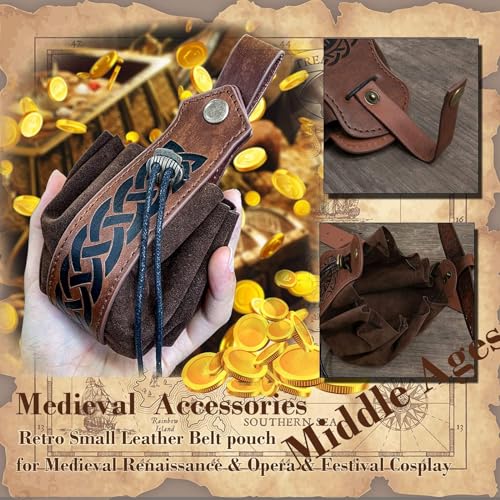 4PCS Medieval Leather Sword Frog Dagger Holder Belt Rapier Scabbard Viking Knight Renaissance Belt Pouch Halloween Costume - color: Pattern-brown