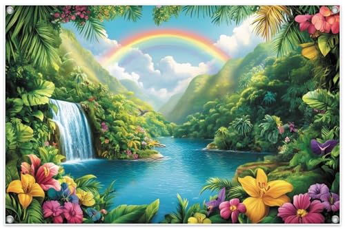 6x3.6ft Fabric Emerald Forest Fall 2026 VBS Backdrop Rainforest VBS Decorations Waterfall Rainbow Coloful Flowers Outdoor Safari Hiking Background Party Decor Banner Photography Props - color: Lime Green, size: 6x3.6ft