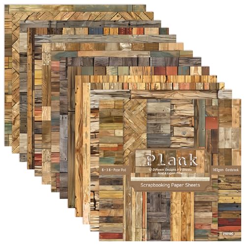 Wood Texture Pattern Scrapbook Paper, Single-Sided 6"x6" Cardstock, Vintage Journaling Scrapbooking Supplies, for Aesthetic Room Decor Wall Art DIY Photo Album - 24 Sheets (21010C)