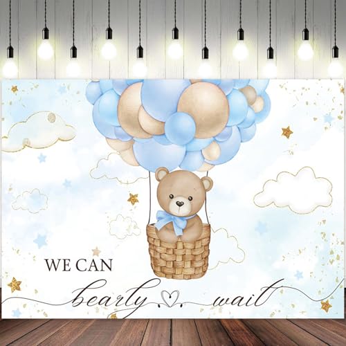 7x5ft Baby Shower Backdrop Bear Hot Air Balloon Photography Background Blue Brown Balloons White Cloud Glitter Gold Stars Birthday Party Banner Decorations Newborn Parties Photo Booth Prop - color: color 4, size: 7x5ft