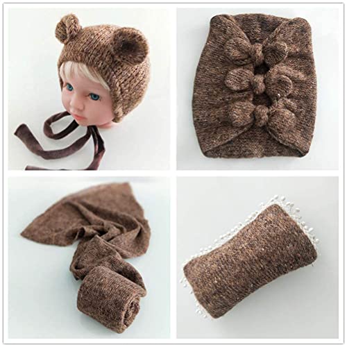 Newborn Baby Boy Girl Photography Props Bow Wrap, Posing Aid, Hat and Blanket Set of 4 Pcs - color: Coffee