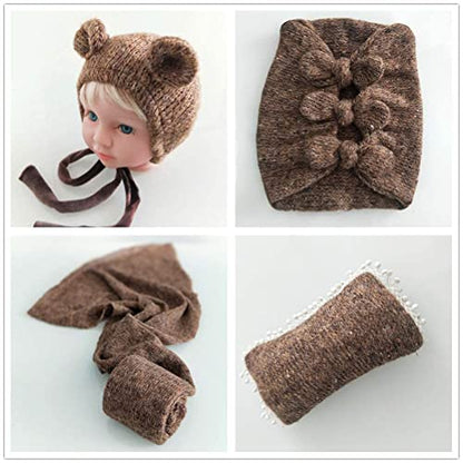 Newborn Baby Boy Girl Photography Props Bow Wrap, Posing Aid, Hat and Blanket Set of 4 Pcs - color: Coffee
