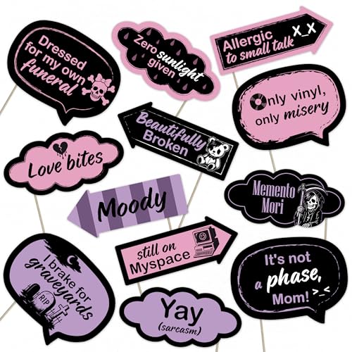 Emo Party Photo Booth Props – 12 Black and Pink Signs for Birthday, Concert, Halloween, and Emo Party Decorations