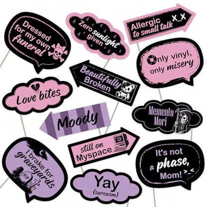 Emo Party Photo Booth Props – 12 Black and Pink Signs for Birthday, Concert, Halloween, and Emo Party Decorations