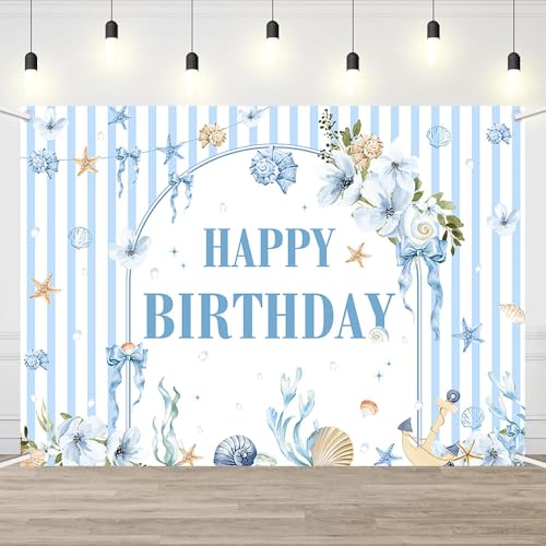 AIBIIN 8x6ft Summer Birthday Backdrop Blue Coastal Ocean Theme Happy Birthday Party Background with Seashell Starfish Floral Design Nautical Beach Decoration for Kids Adults Large Photo Booth Banner - color: Birthday, size: 8x6ft