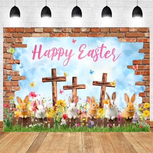 5x3ft Happy Easter Backdrop Spring Photography Background with Bunnies Crosses Flowers Butterflies Brick Wall for Party Decor Easter Celebration Kids Baby Shower Portrait Backdrop - color: color 13, size: 5x3ft