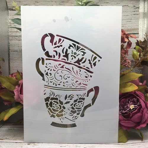 TIAMECH A4 Reusable Coffee Cup Stencil for Painting - Three Tea Cup Layering Template, DIY Wall Art, Wood Furniture, Scrapbook & Crafts (8.3x11.7inch) - style: Cups