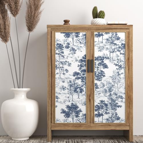 Extra Long Navy Toile Tree Peel and Stick Wallpaper, 17.5In x 393In Toile de Jouy Navy White Design Self-Adhesive Waterproof Wall Paper for Bedroom Kitchen Power Room Vinyl Contact Paper - color: White/Navy, size: 17.5" x 393"