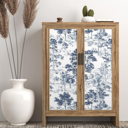 Extra Long Navy Toile Tree Peel and Stick Wallpaper, 17.5In x 393In Toile de Jouy Navy White Design Self-Adhesive Waterproof Wall Paper for Bedroom Kitchen Power Room Vinyl Contact Paper - color: White/Navy, size: 17.5" x 393"