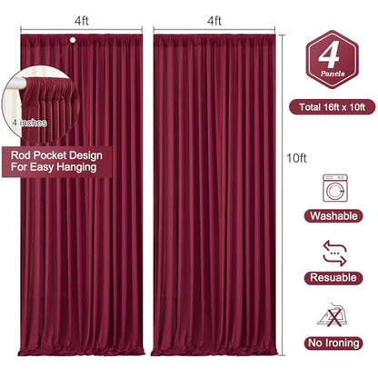 Burgundy Backdrop Curtains 4 Panels - Wrinkle-Free Polyester Photography Drapes for Baby Shower & Birthday Party - 16 X10FT - color: Burgundy, size: W4' x H10'(4 panels)